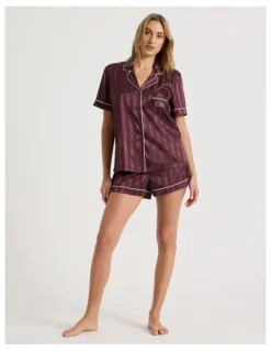 Chloe & Lola Luxe Satin Jacquard Stripe Short Sleeve Short PJ Set in Raisin Jacquard