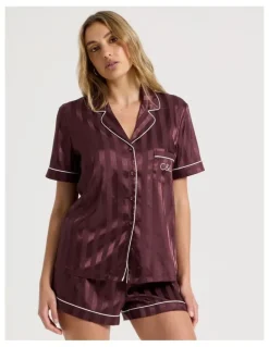 Chloe & Lola Luxe Satin Jacquard Stripe Short Sleeve Short PJ Set in Raisin Jacquard