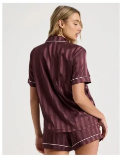 Chloe & Lola Luxe Satin Jacquard Stripe Short Sleeve Short PJ Set in Raisin Jacquard