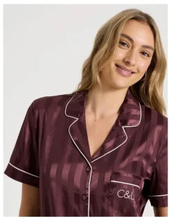 Chloe & Lola Luxe Satin Jacquard Stripe Short Sleeve Short PJ Set in Raisin Jacquard
