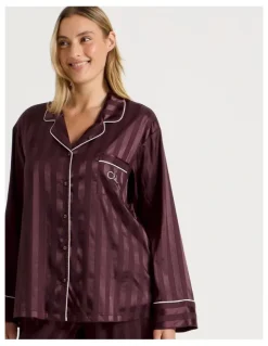 Chloe & Lola Luxe Satin Jacquard Stripe Long Sleeve Long PJ Set in Burnt Fig Jacquard