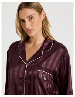 Chloe & Lola Luxe Satin Jacquard Stripe Long Sleeve Long PJ Set in Burnt Fig Jacquard