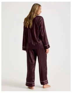 Chloe & Lola Luxe Satin Jacquard Stripe Long Sleeve Long PJ Set in Burnt Fig Jacquard