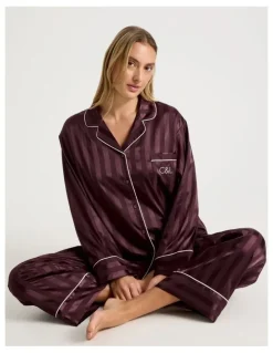 Chloe & Lola Luxe Satin Jacquard Stripe Long Sleeve Long PJ Set in Burnt Fig Jacquard