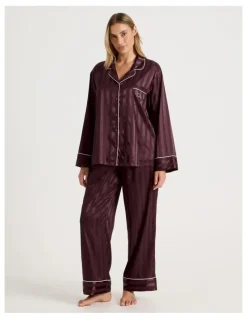 Chloe & Lola Luxe Satin Jacquard Stripe Long Sleeve Long PJ Set in Burnt Fig Jacquard