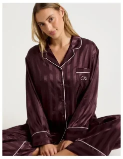 Chloe & Lola Luxe Satin Jacquard Stripe Long Sleeve Long PJ Set in Burnt Fig Jacquard