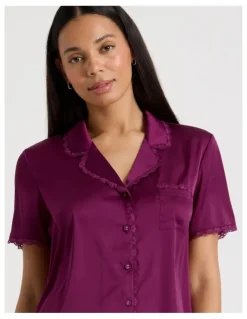 Chloe & Lola Luxe Satin Lace Shoer Sleeves PJ Set in Berry