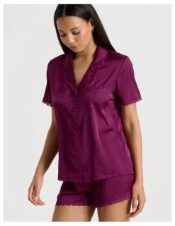 Chloe & Lola Luxe Satin Lace Shoer Sleeves PJ Set in Berry