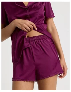 Chloe & Lola Luxe Satin Lace Shoer Sleeves PJ Set in Berry