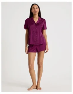 Chloe & Lola Luxe Satin Lace Shoer Sleeves PJ Set in Berry