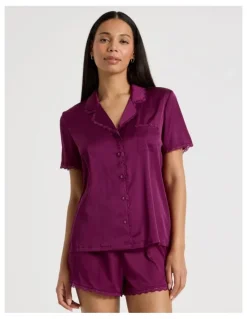 Chloe & Lola Luxe Satin Lace Shoer Sleeves PJ Set in Berry