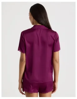 Chloe & Lola Luxe Satin Lace Shoer Sleeves PJ Set in Berry