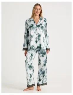 Chloe & Lola Luxe Satin Lace Long Sleeve Long PJ Set in Olive Cloud Print