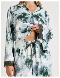Chloe & Lola Luxe Satin Lace Long Sleeve Long PJ Set in Olive Cloud Print