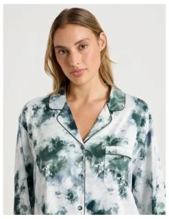 Chloe & Lola Luxe Satin Lace Long Sleeve Long PJ Set in Olive Cloud Print