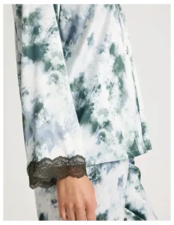 Chloe & Lola Luxe Satin Lace Long Sleeve Long PJ Set in Olive Cloud Print