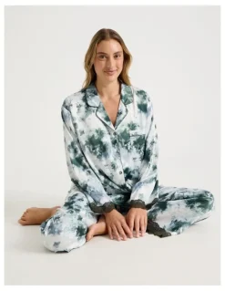 Chloe & Lola Luxe Satin Lace Long Sleeve Long PJ Set in Olive Cloud Print