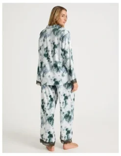 Chloe & Lola Luxe Satin Lace Long Sleeve Long PJ Set in Olive Cloud Print