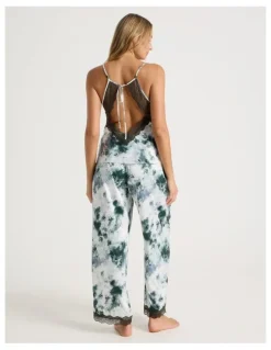 Chloe & Lola Luxe Satin Lace Bodice Cami Pant PJ Set in Olive Cloud Print