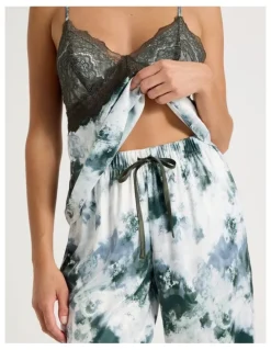 Chloe & Lola Luxe Satin Lace Bodice Cami Pant PJ Set in Olive Cloud Print
