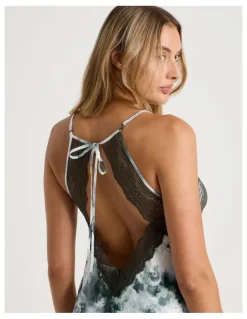 Chloe & Lola Luxe Satin Lace Bodice Cami Pant PJ Set in Olive Cloud Print