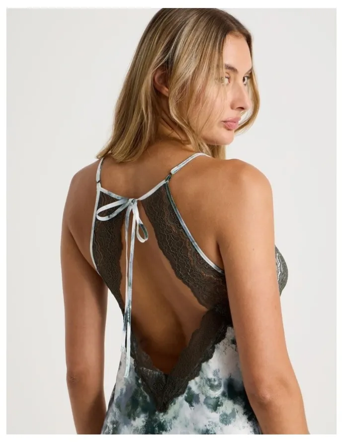 Chloe & Lola Luxe Satin Lace Bodice Cami Pant PJ Set in Olive Cloud Print