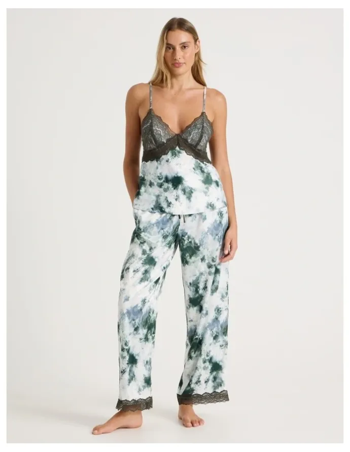 Chloe & Lola Luxe Satin Lace Bodice Cami Pant PJ Set in Olive Cloud Print