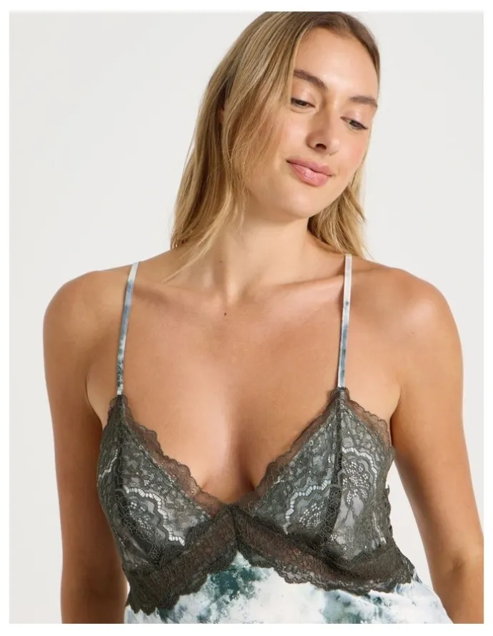 Chloe & Lola Luxe Satin Lace Bodice Cami Pant PJ Set in Olive Cloud Print