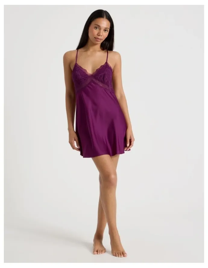 Chloe & Lola Luxe Satin Lace Bodice Chemise in Berry