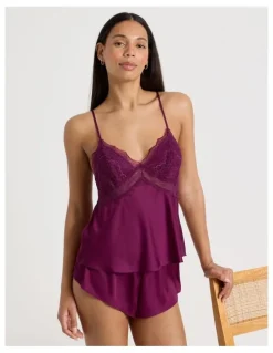 Chloe & Lola Luxe Satin Lace Bodice Cami Short Set in Berry