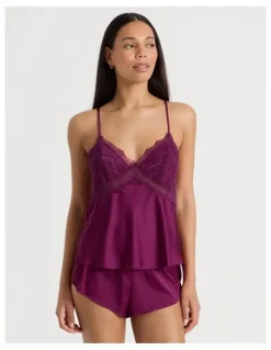 Chloe & Lola Luxe Satin Lace Bodice Cami Short Set in Berry