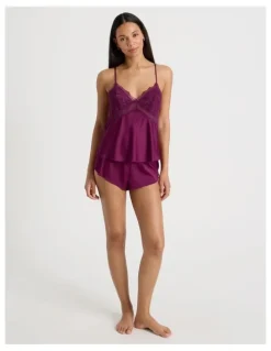 Chloe & Lola Luxe Satin Lace Bodice Cami Short Set in Berry
