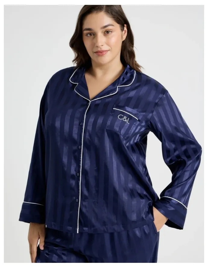 Chloe & Lola Luxe Satin Long Sleeve Pyjama Set in Navy