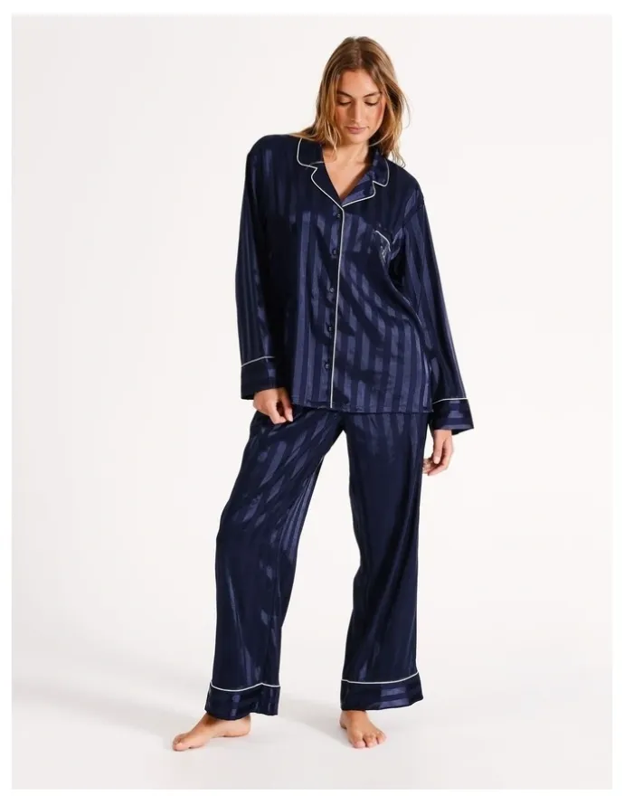 Chloe & Lola Luxe Satin Long Sleeve Pyjama Set in Navy