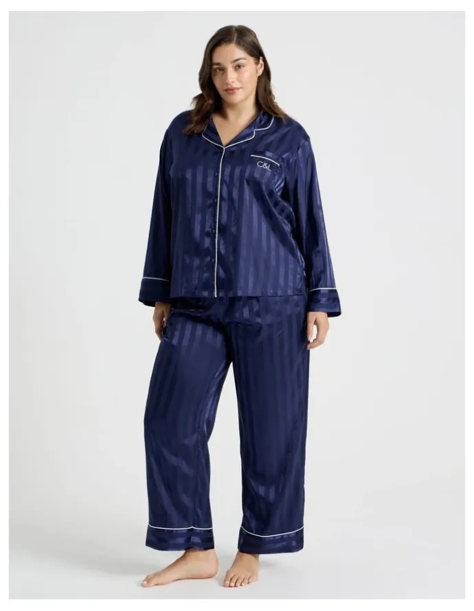 Chloe & Lola Luxe Satin Long Sleeve Pyjama Set in Navy