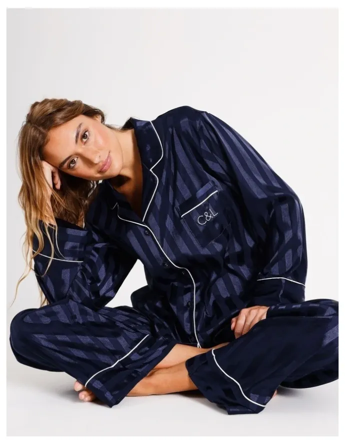 Chloe & Lola Luxe Satin Long Sleeve Pyjama Set in Navy