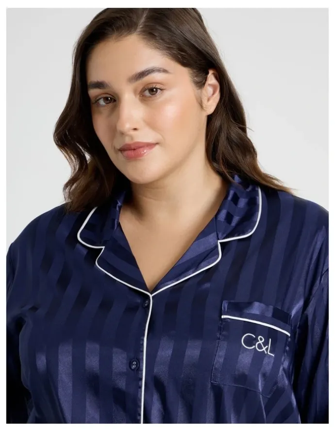 Chloe & Lola Luxe Satin Long Sleeve Pyjama Set in Navy