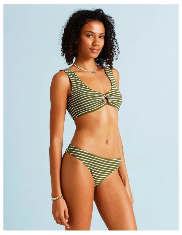 Chloe & Lola Olive Garden Hannah Crinkle Bikini Bottom in Olive Stripe Print