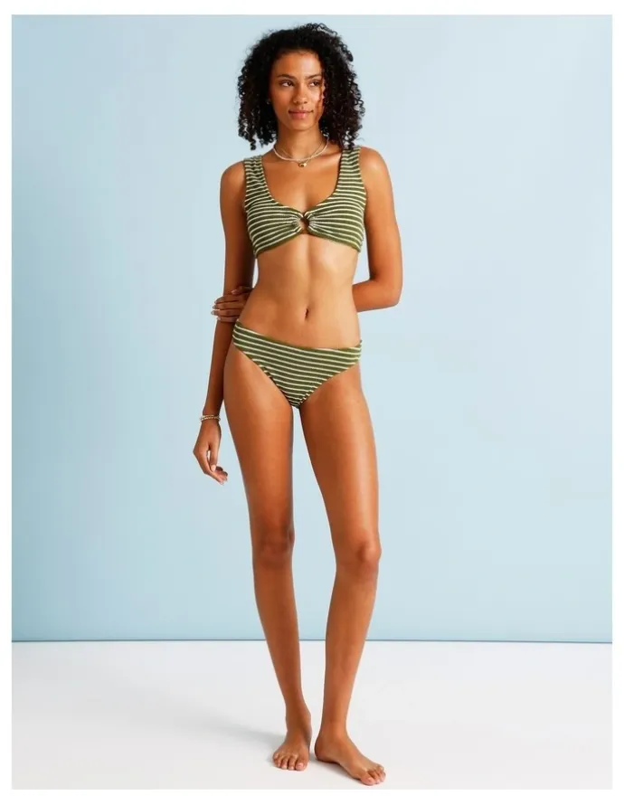 Chloe & Lola Olive Garden Hannah Crinkle Bikini Bottom in Olive Stripe Print
