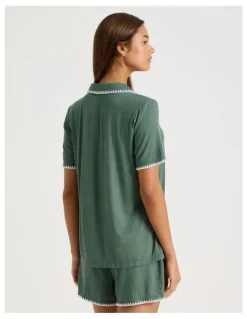 Chloe & Lola Pure Comfort Crochet Edge S/S Short PJ Set in Laurel Green
