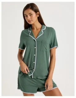 Chloe & Lola Pure Comfort Crochet Edge S/S Short PJ Set in Laurel Green