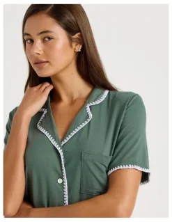 Chloe & Lola Pure Comfort Crochet Edge S/S Short PJ Set in Laurel Green