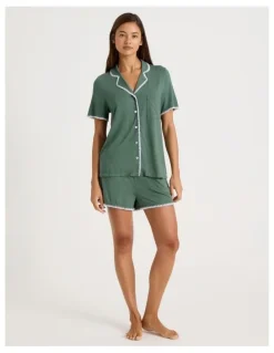 Chloe & Lola Pure Comfort Crochet Edge S/S Short PJ Set in Laurel Green