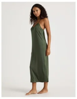 Chloe & Lola Pure Comfort Lace Trim Halter Long Chemise in Olive