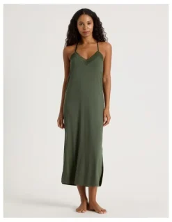 Chloe & Lola Pure Comfort Lace Trim Halter Long Chemise in Olive