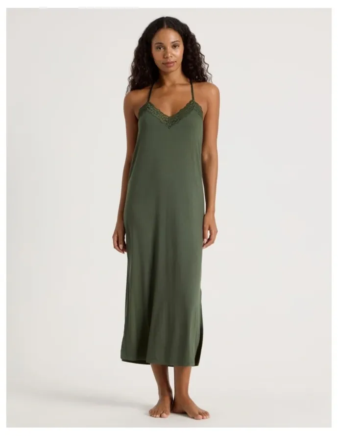 Chloe & Lola Pure Comfort Lace Trim Halter Long Chemise in Olive