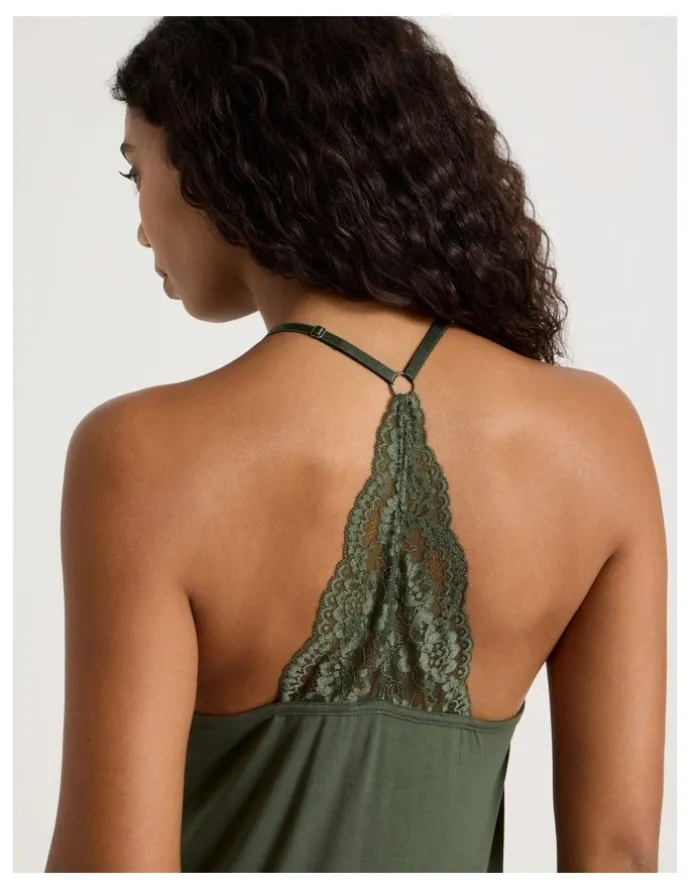 Chloe & Lola Pure Comfort Lace Trim Halter Long Chemise in Olive