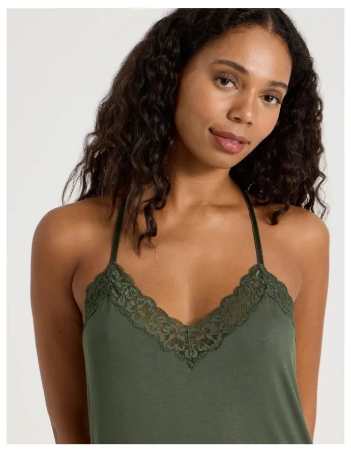Chloe & Lola Pure Comfort Lace Trim Halter Long Chemise in Olive