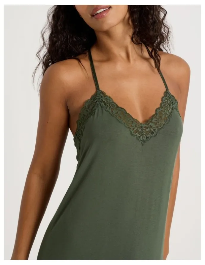 Chloe & Lola Pure Comfort Lace Trim Halter Long Chemise in Olive