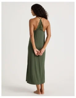 Chloe & Lola Pure Comfort Lace Trim Halter Long Chemise in Olive